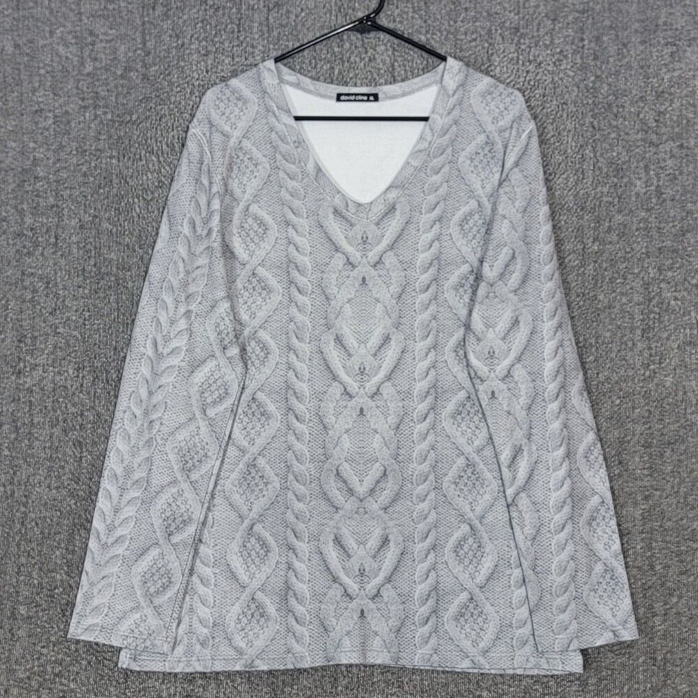 David Cline Top Womens XL Silver Faux Cable Knit Print Soft Stretchy Tunic Shirt